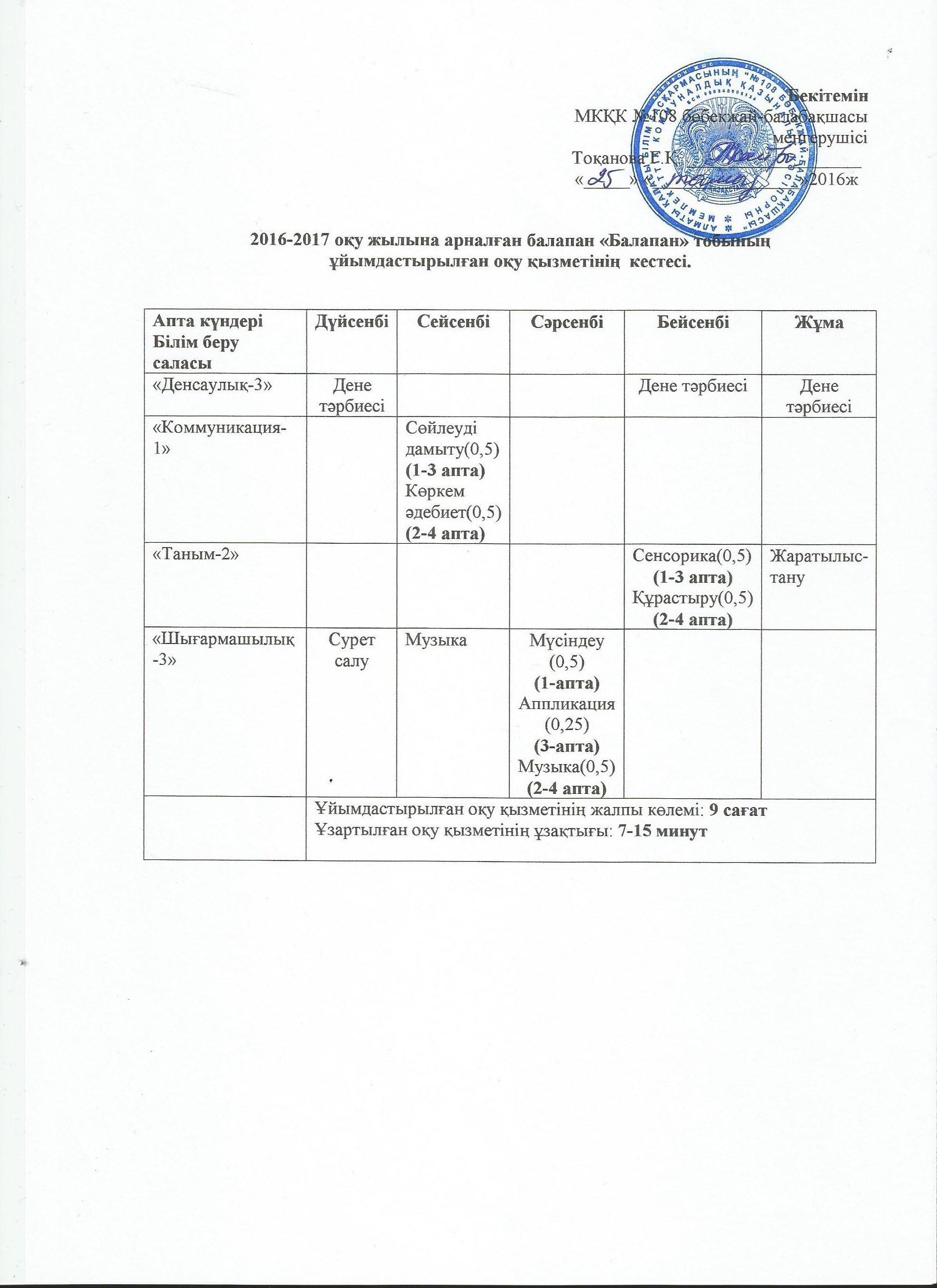 2016-2017 оқу жылының Ұйымдастырылған оқу қызмет кестесі.